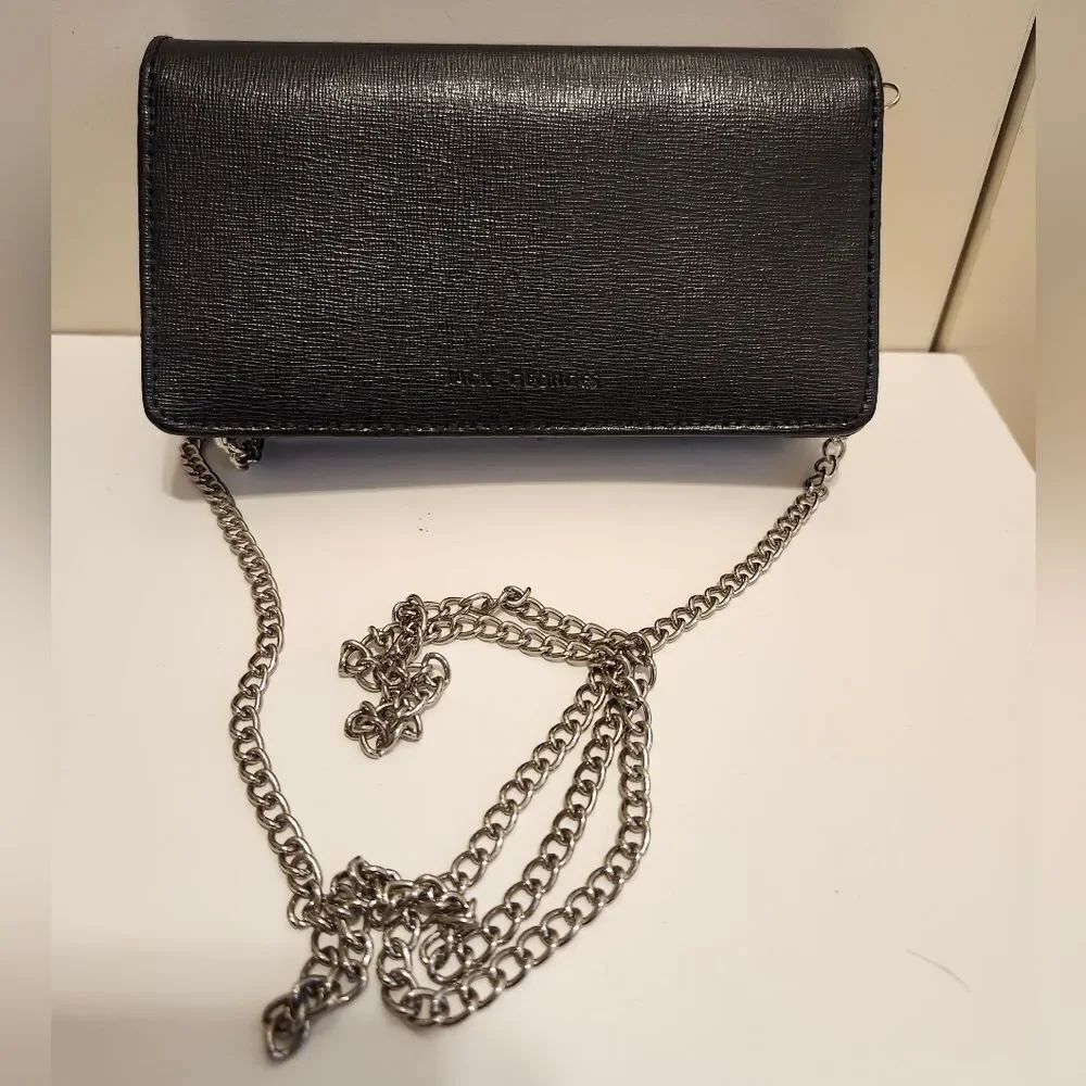 New Jack Georges Black Saffiano Leather Wallet On Silver Chain Crossbody Ret$135